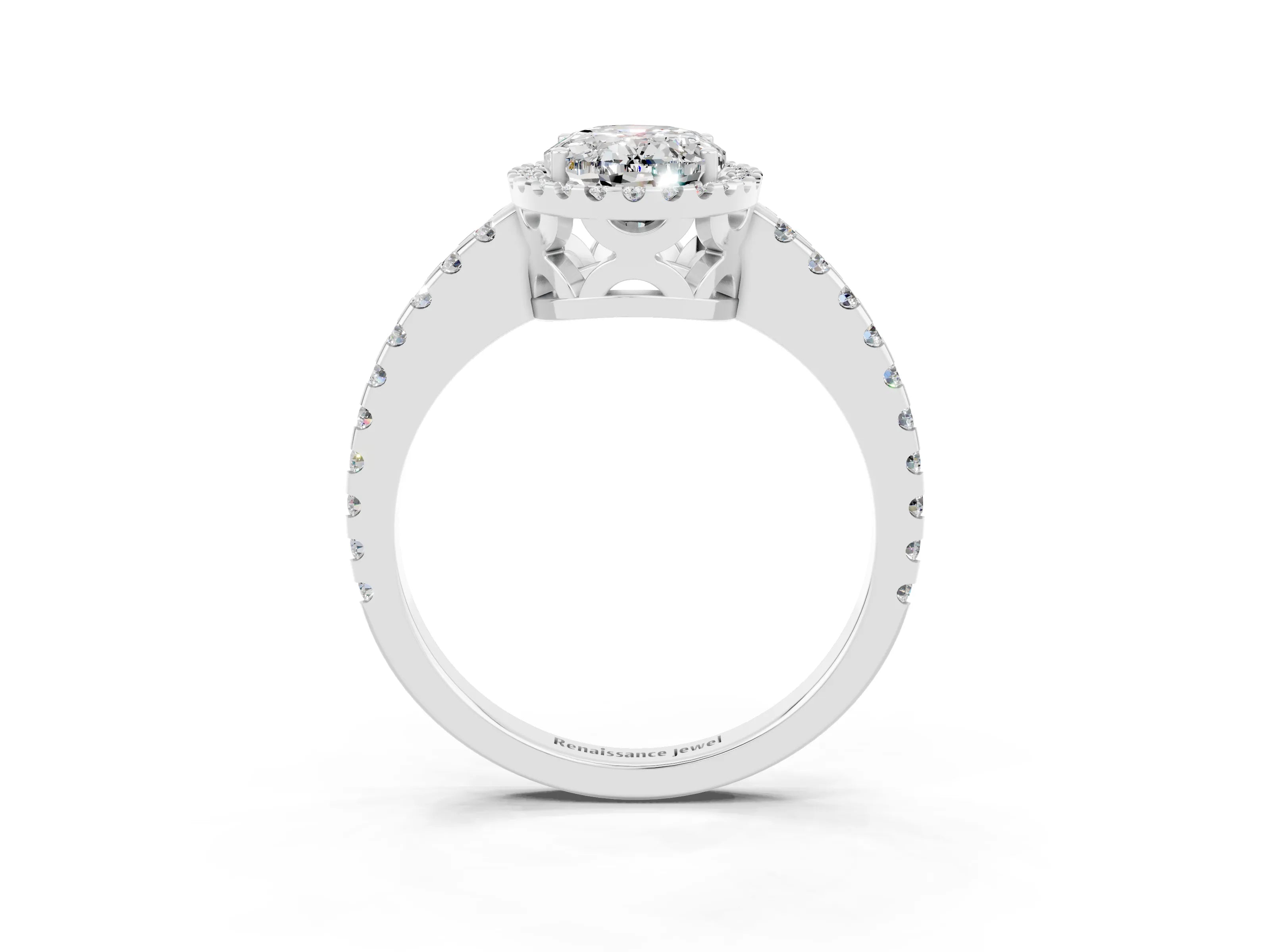White gold Oval Cut Moissanite Halo Engagement Ring with Pavé Band and Prong Setting_15