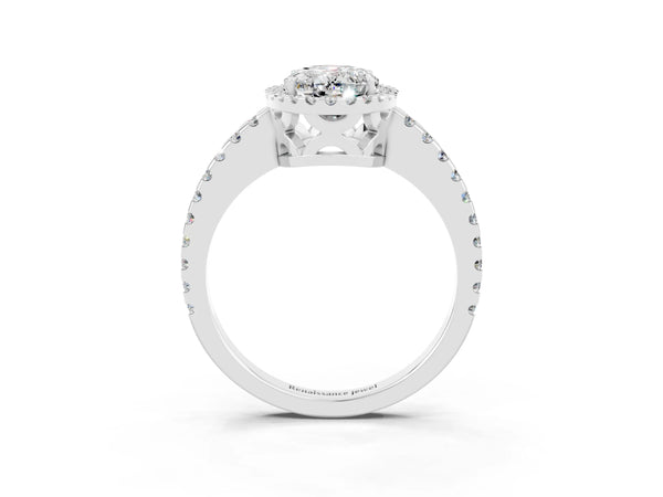 Silver Oval Cut Moissanite Halo Engagement Ring with Pavé Band and Prong Setting