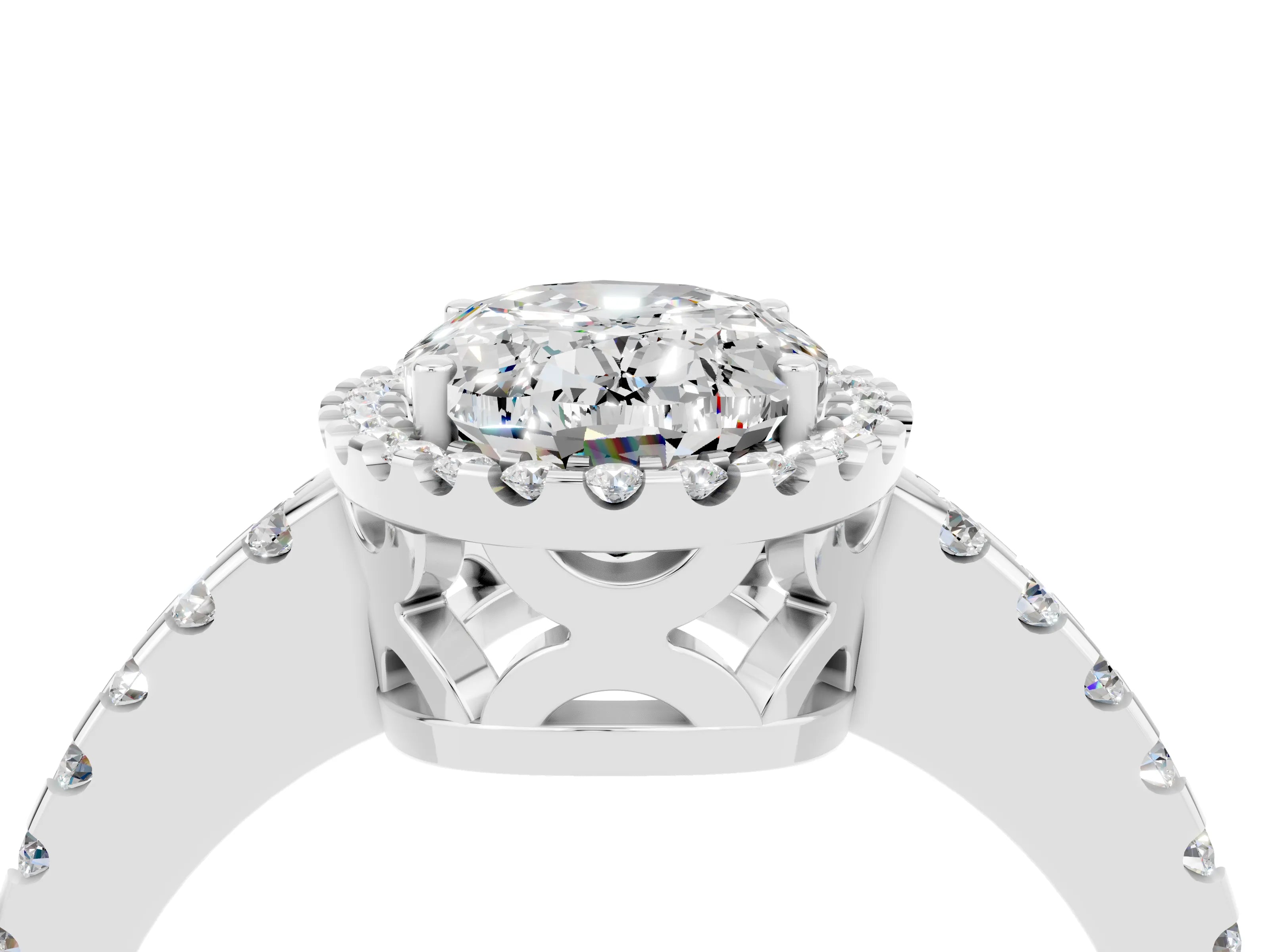 White gold Oval Cut Moissanite Halo Engagement Ring with Pavé Band and Prong Setting_16