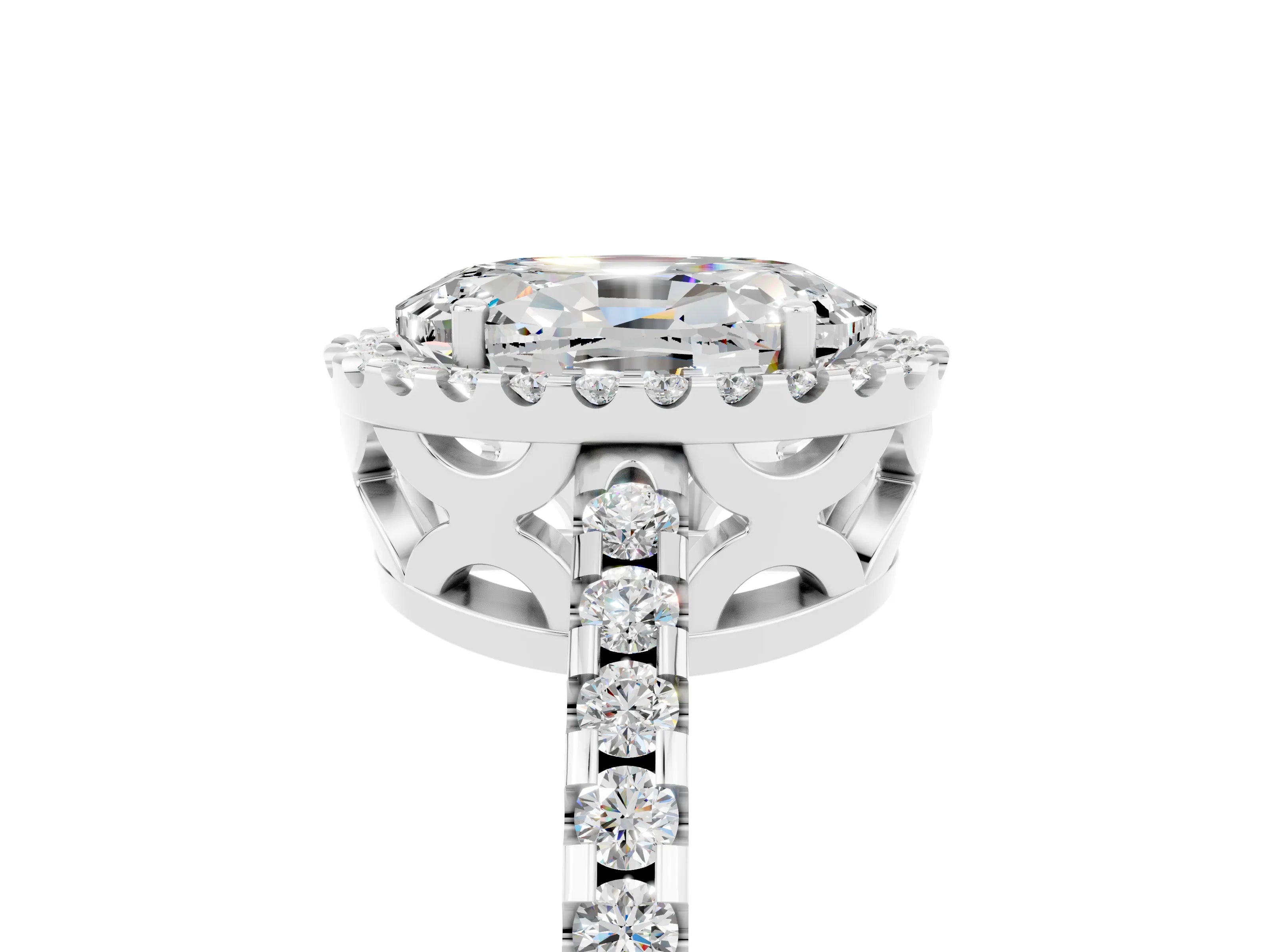 White gold Oval Cut Moissanite Halo Engagement Ring with Pavé Band and Prong Setting_17