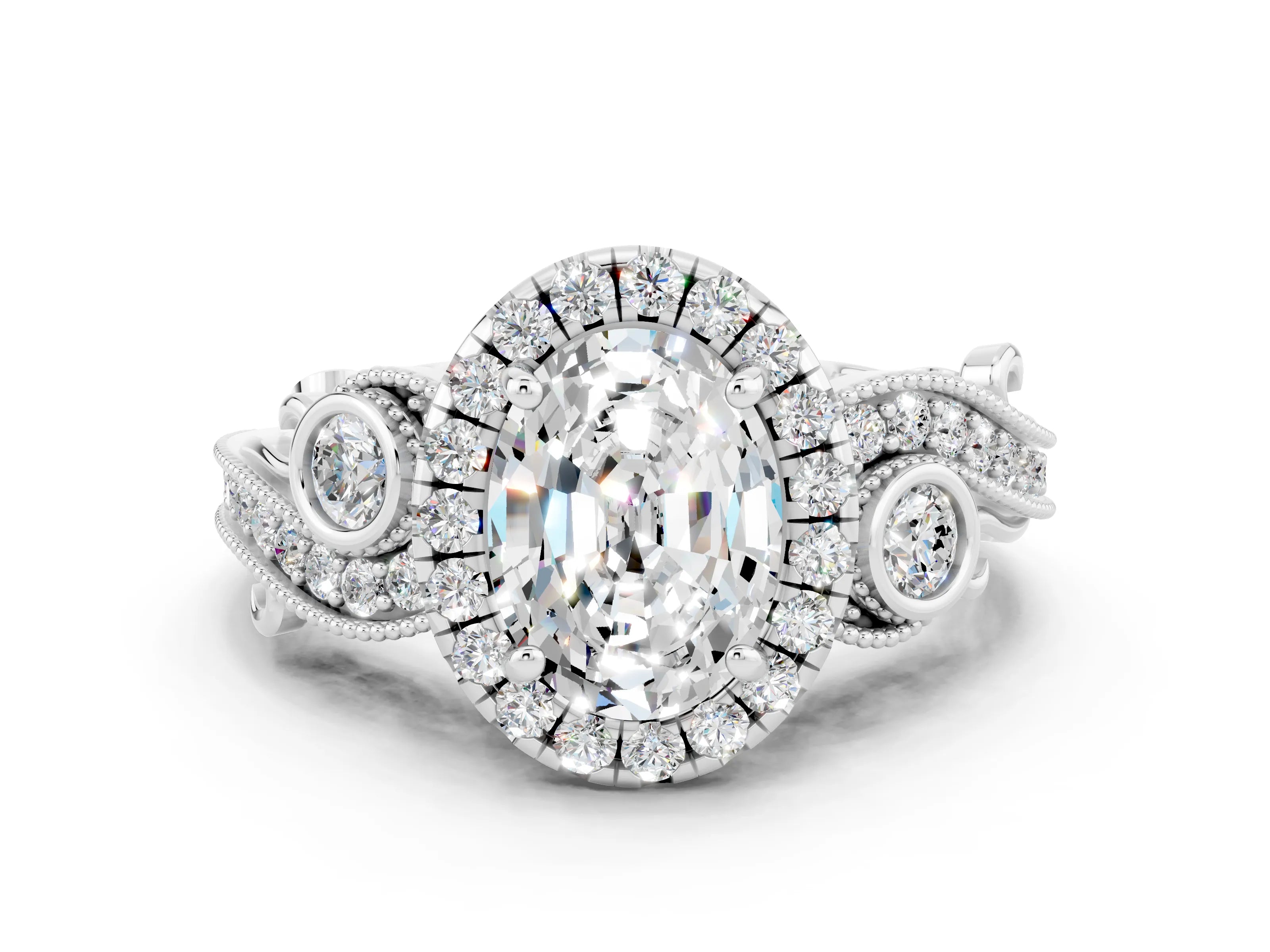 White gold Oval Cut Moissanite Halo Ring with Milgrain Pavé Band and Four-Prong Setting_12