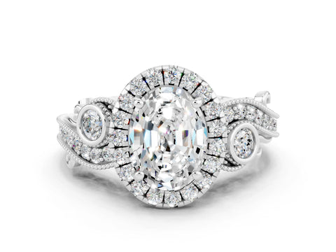 White gold Oval Cut Moissanite Halo Ring with Milgrain Pavé Band and Four-Prong Setting_12