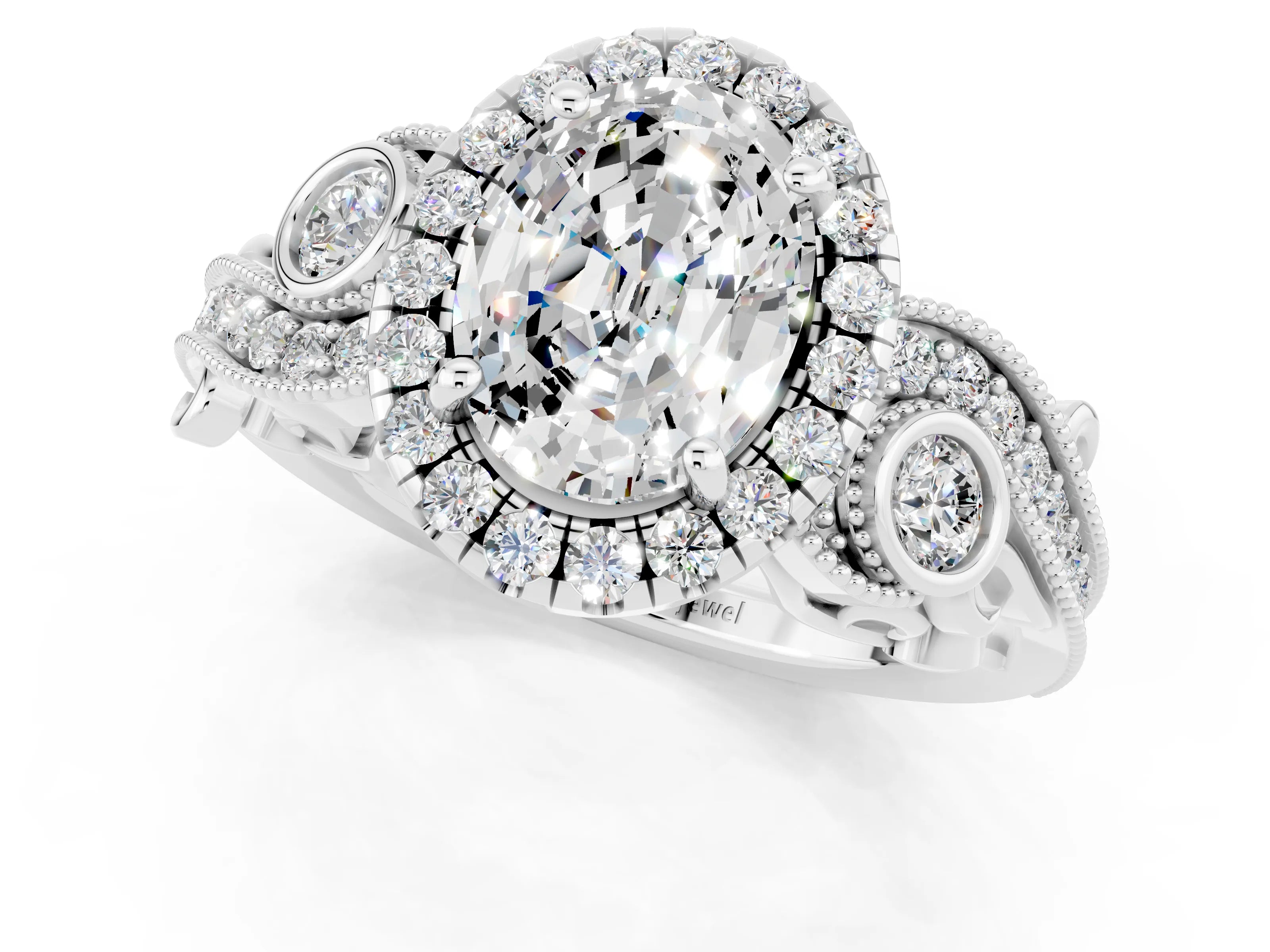 White gold Oval Cut Moissanite Halo Ring with Milgrain Pavé Band and Four-Prong Setting_13