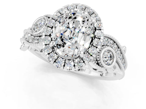 White gold Oval Cut Moissanite Halo Ring with Milgrain Pavé Band and Four-Prong Setting_13