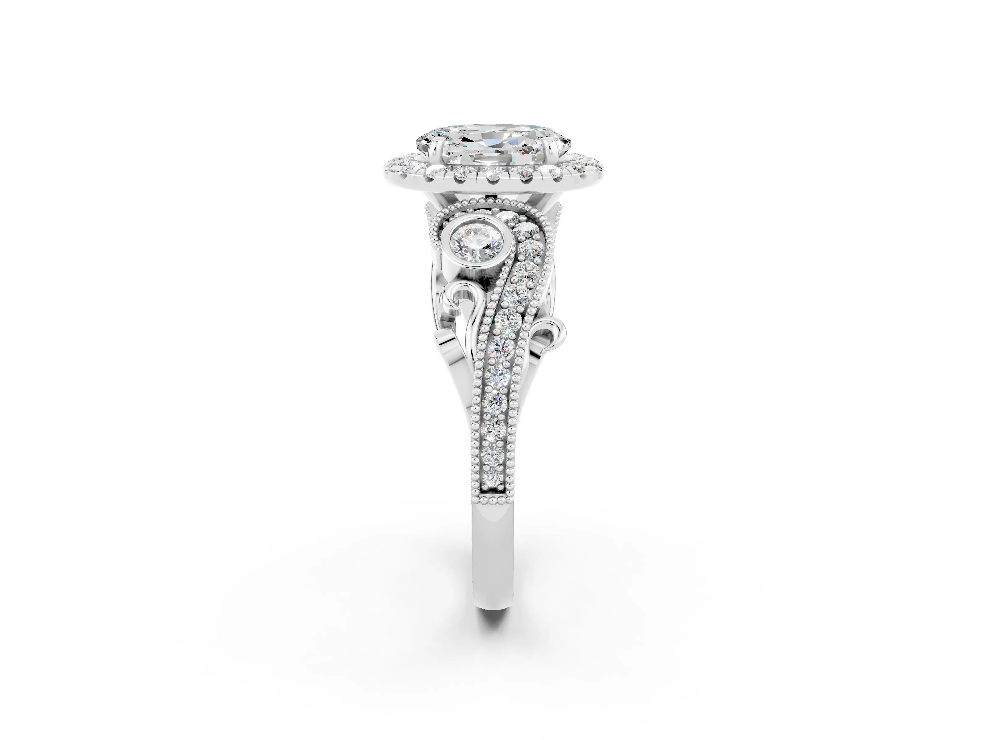 White gold Oval Cut Moissanite Halo Ring with Milgrain Pavé Band and Four-Prong Setting_14