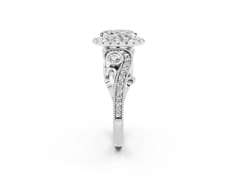 White gold Oval Cut Moissanite Halo Ring with Milgrain Pavé Band and Four-Prong Setting_14