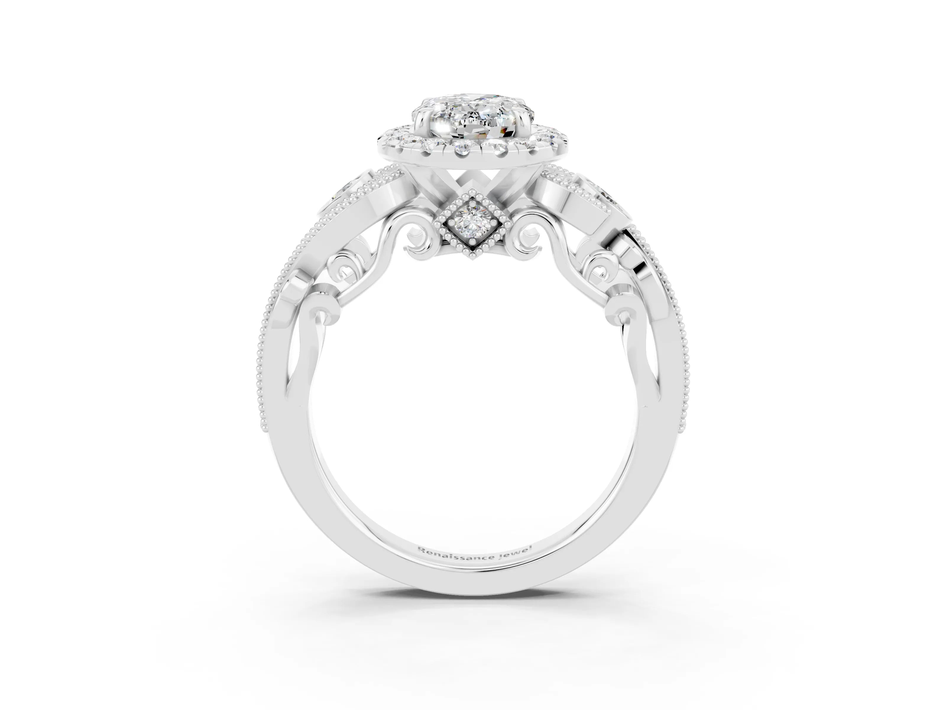 White gold Oval Cut Moissanite Halo Ring with Milgrain Pavé Band and Four-Prong Setting_15