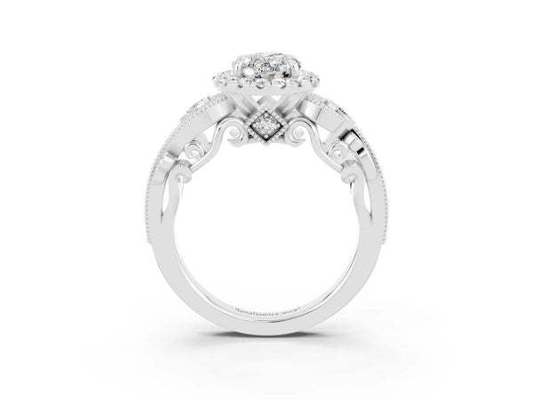White gold Oval Cut Moissanite Halo Ring with Milgrain Pavé Band and Four-Prong Setting