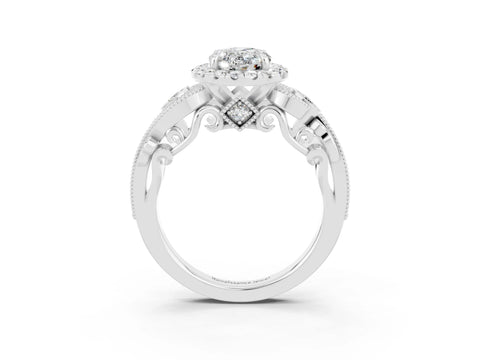 White gold Oval Cut Moissanite Halo Ring with Milgrain Pavé Band and Four-Prong Setting_15