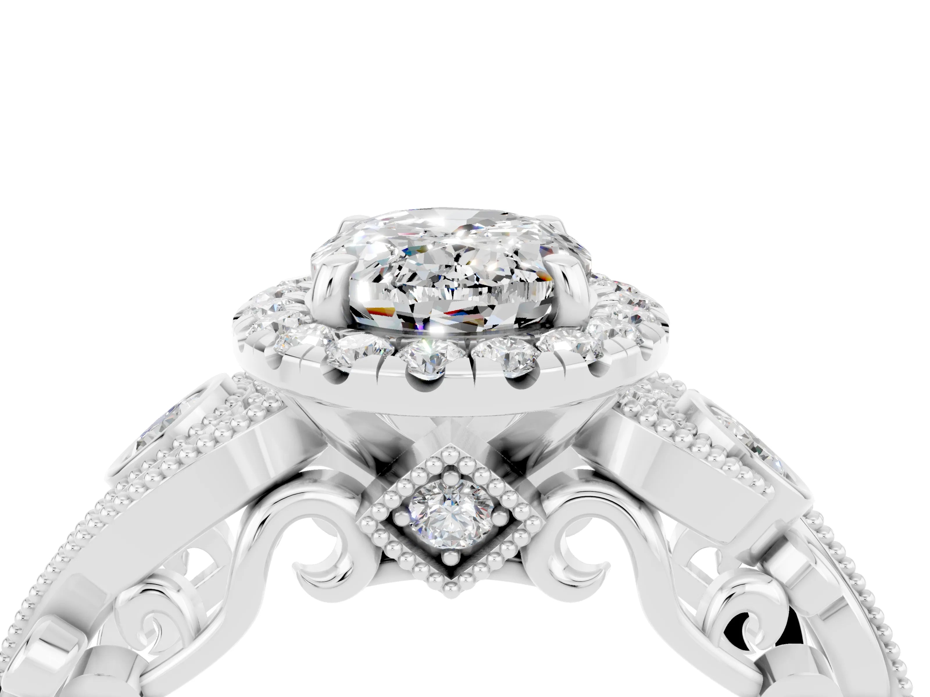 White gold Oval Cut Moissanite Halo Ring with Milgrain Pavé Band and Four-Prong Setting_16