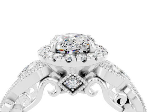 White gold Oval Cut Moissanite Halo Ring with Milgrain Pavé Band and Four-Prong Setting_16