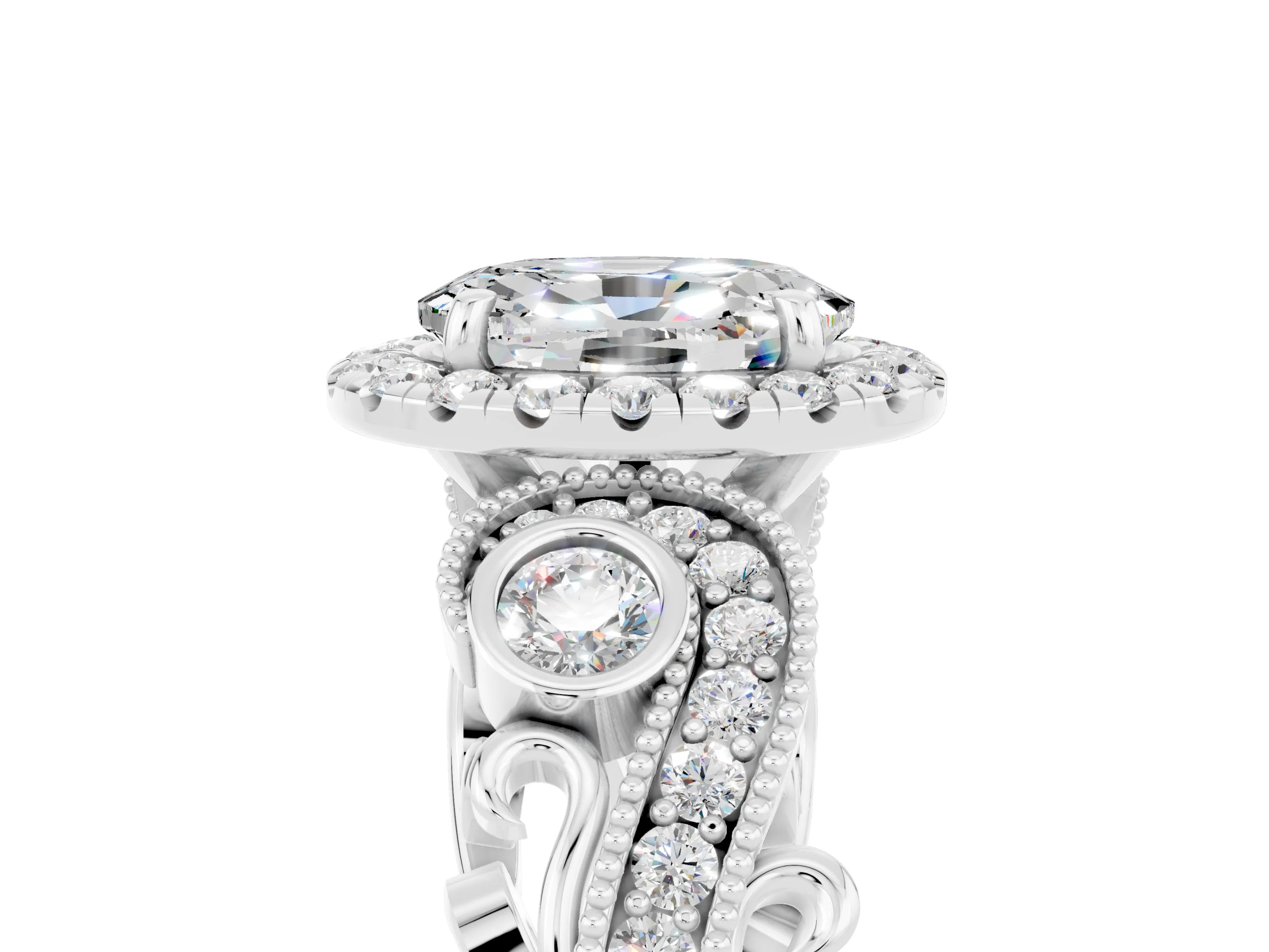 White gold Oval Cut Moissanite Halo Ring with Milgrain Pavé Band and Four-Prong Setting_17