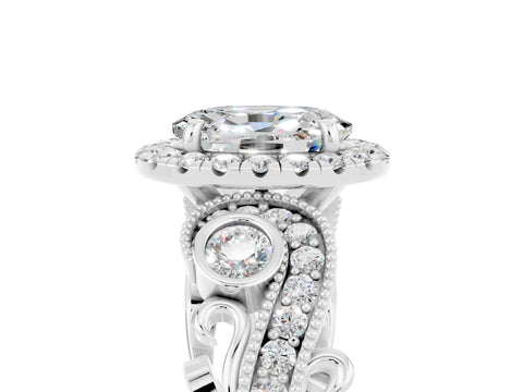 White gold Oval Cut Moissanite Halo Ring with Milgrain Pavé Band and Four-Prong Setting_17