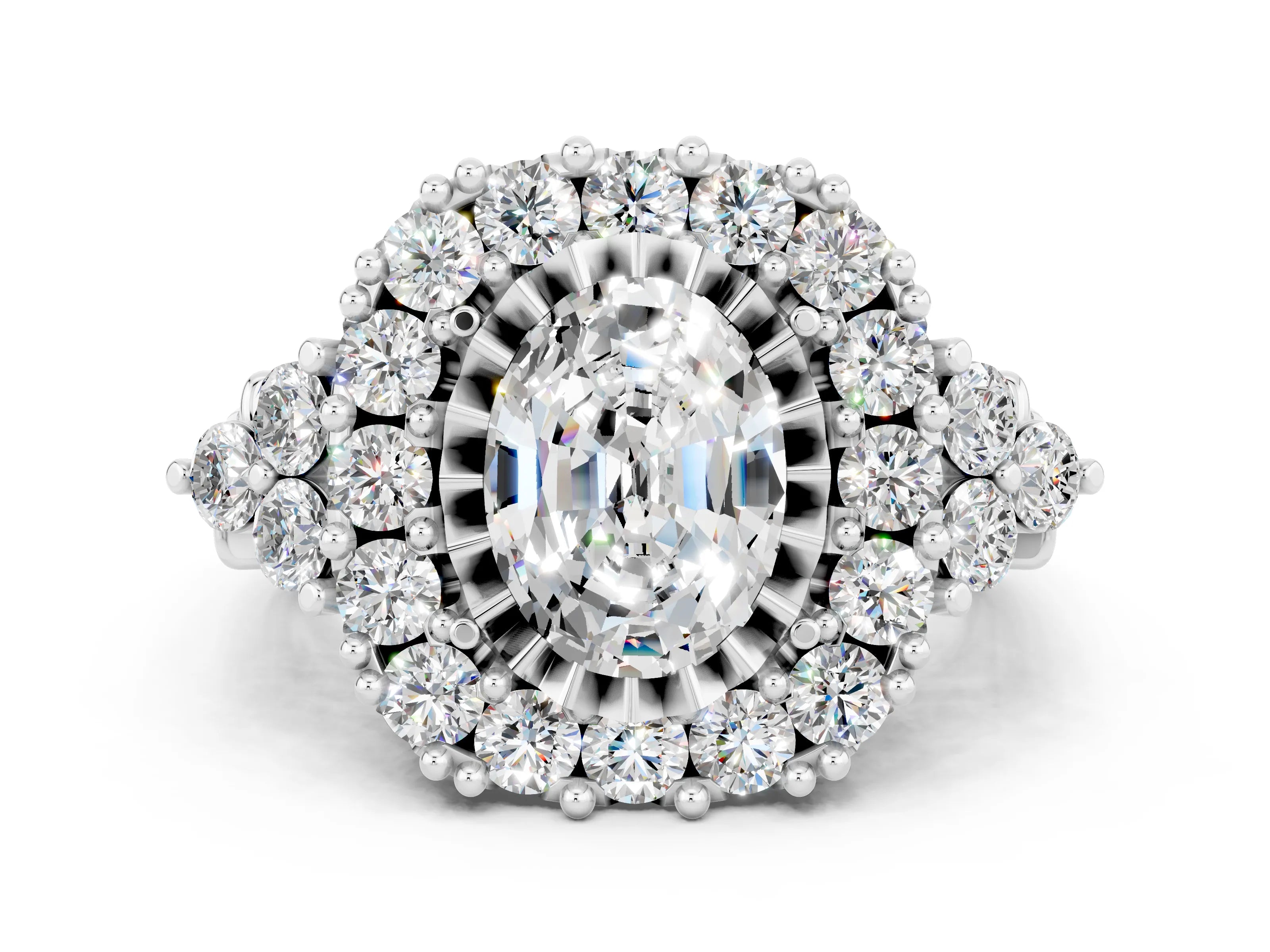 White gold Oval Cut Moissanite Halo Ring with Pavé Band and Four-Prong Setting_30