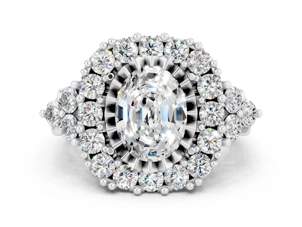 Silver Oval Cut Moissanite Halo Ring with Pavé Band and Four-Prong Setting