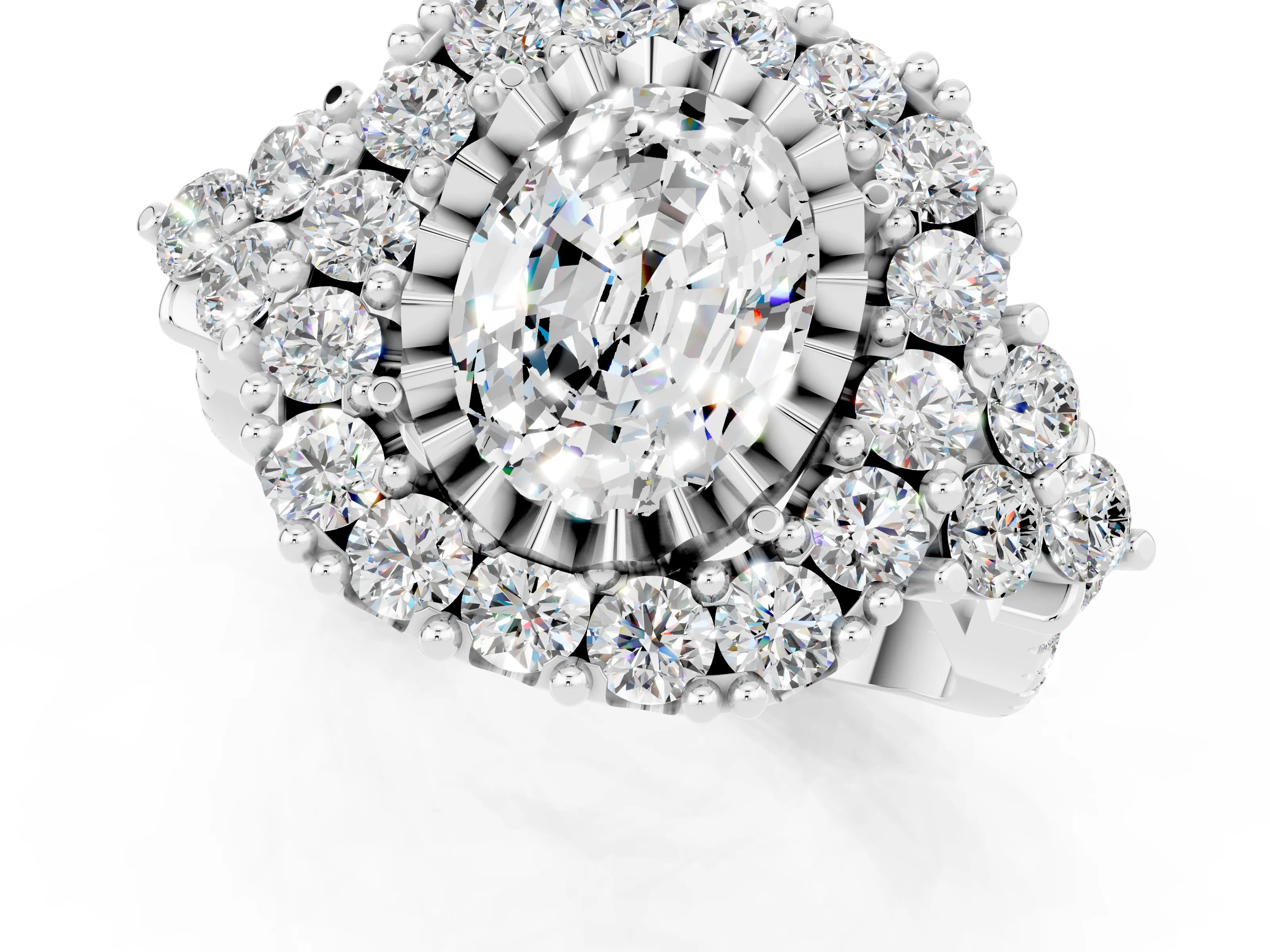 White gold Oval Cut Moissanite Halo Ring with Pavé Band and Four-Prong Setting_31