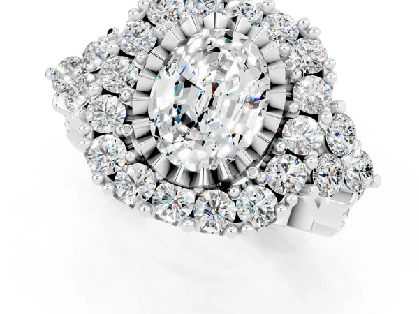 Silver Oval Cut Moissanite Halo Ring with Pavé Band and Four-Prong Setting