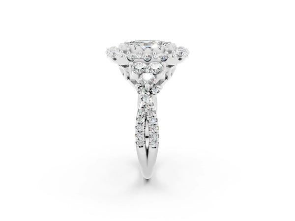 White gold Oval Cut Moissanite Halo Ring with Pavé Band and Four-Prong Setting