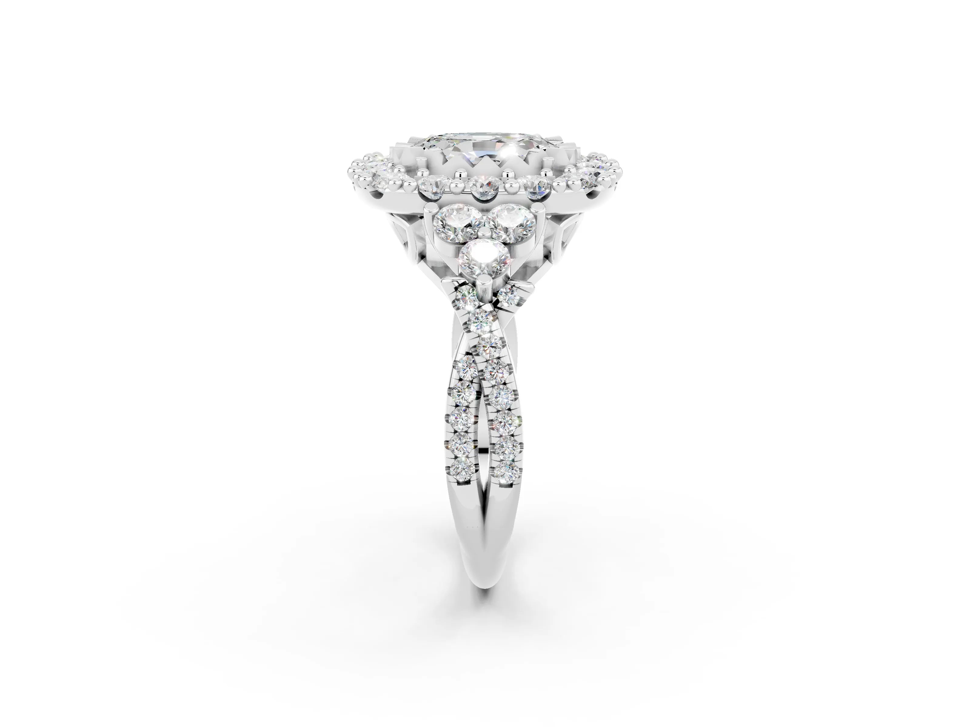 White gold Oval Cut Moissanite Halo Ring with Pavé Band and Four-Prong Setting_33