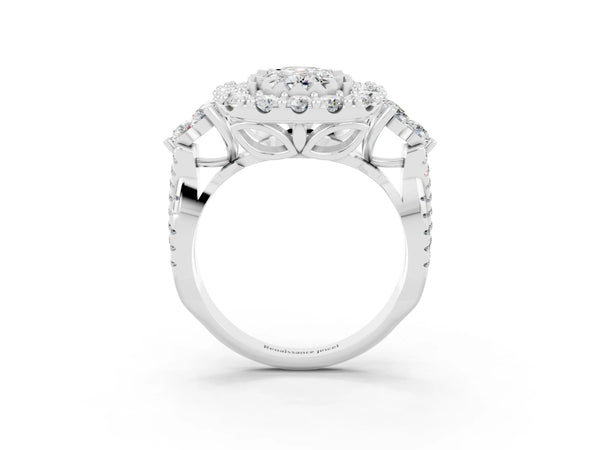 Silver Oval Cut Moissanite Halo Ring with Pavé Band and Four-Prong Setting