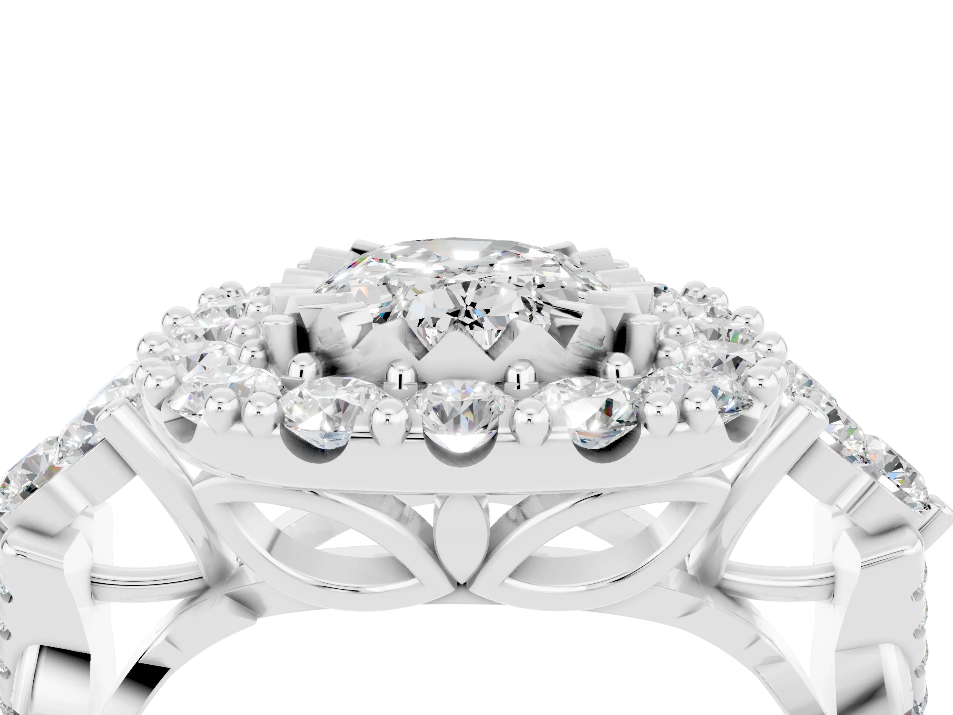 White gold Oval Cut Moissanite Halo Ring with Pavé Band and Four-Prong Setting_35