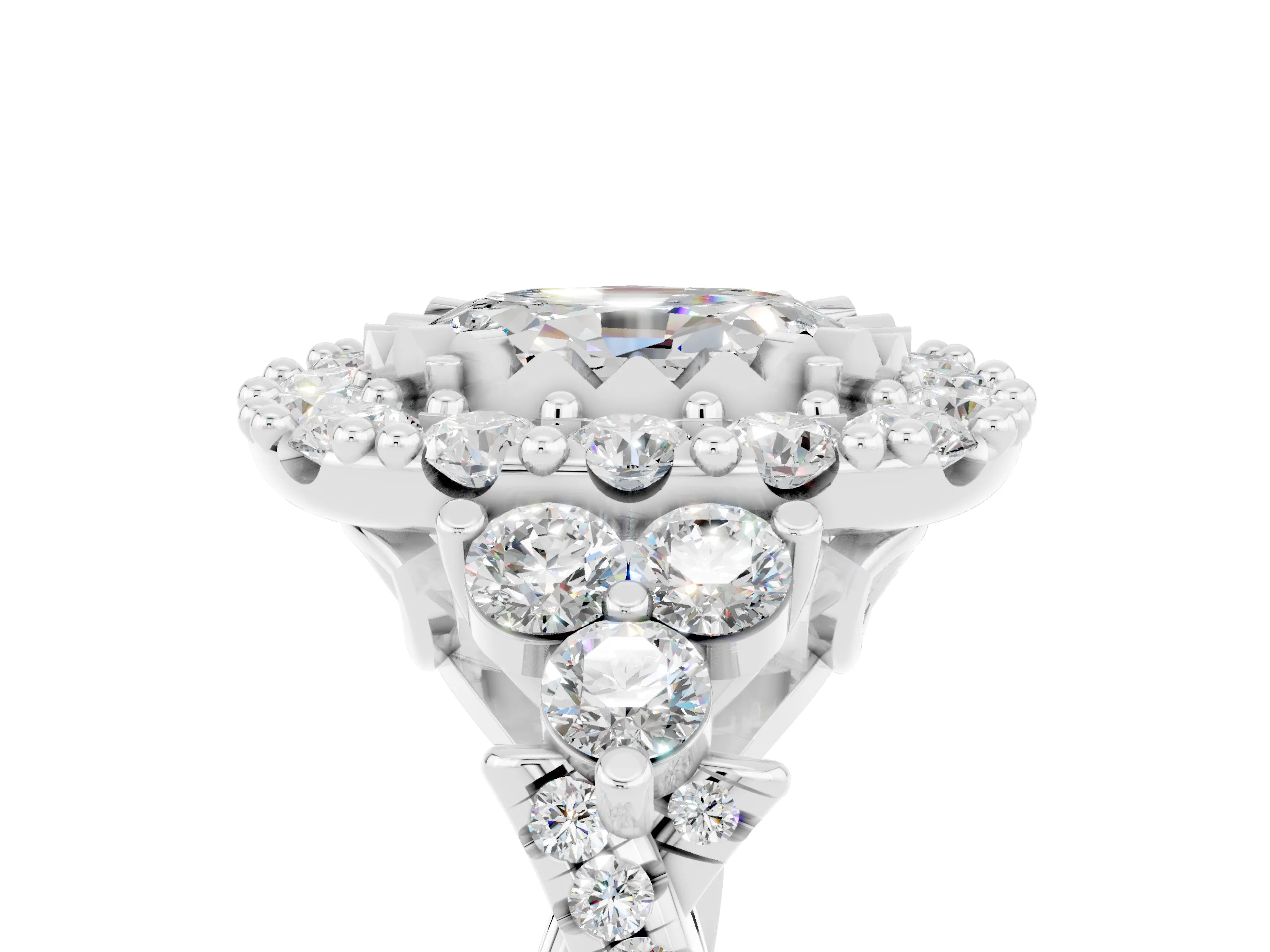White gold Oval Cut Moissanite Halo Ring with Pavé Band and Four-Prong Setting_36