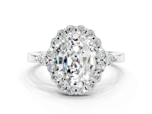 White gold Oval Cut Moissanite Halo Ring with Pear Side Stones and Prong Setting