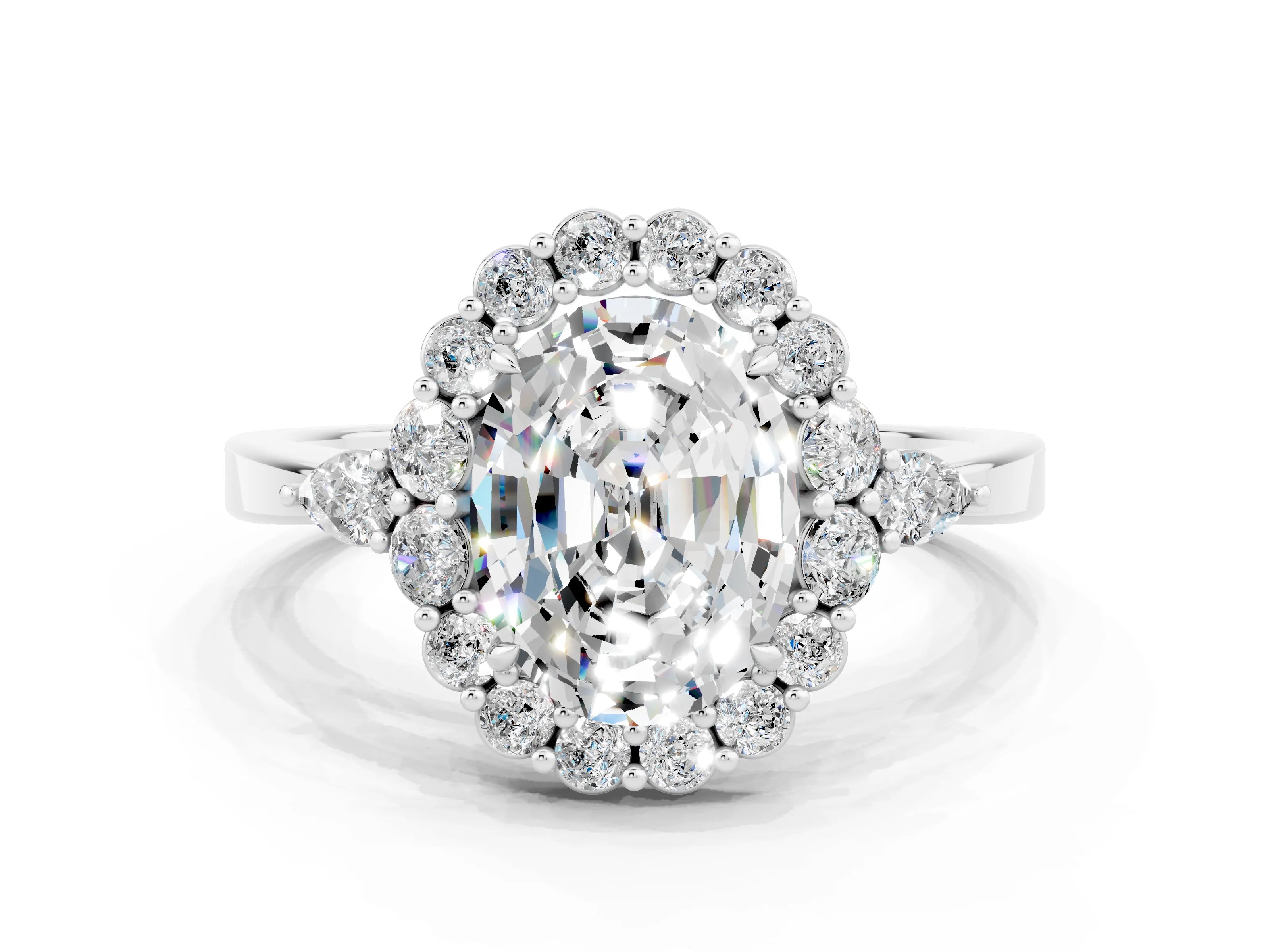 White gold Oval Cut Moissanite Halo Ring with Pear Side Stones and Prong Setting_24