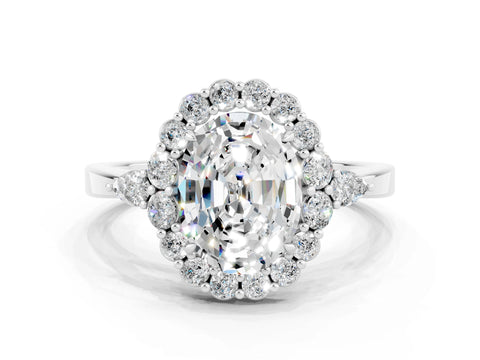 White gold Oval Cut Moissanite Halo Ring with Pear Side Stones and Prong Setting_24