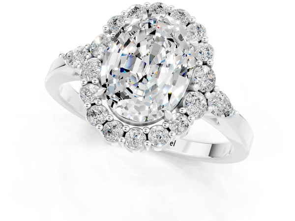 White gold Oval Cut Moissanite Halo Ring with Pear Side Stones and Prong Setting