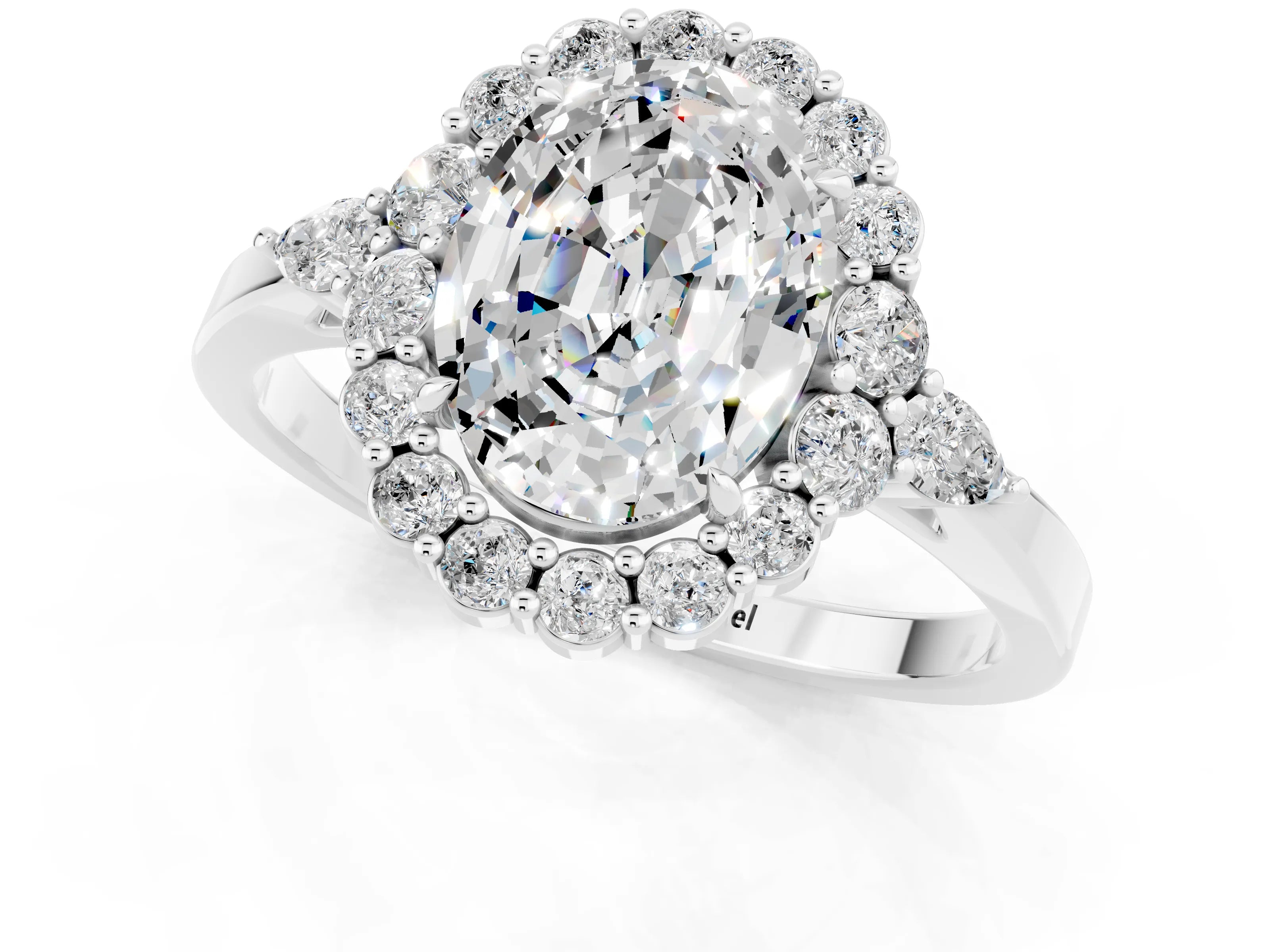 White gold Oval Cut Moissanite Halo Ring with Pear Side Stones and Prong Setting_25