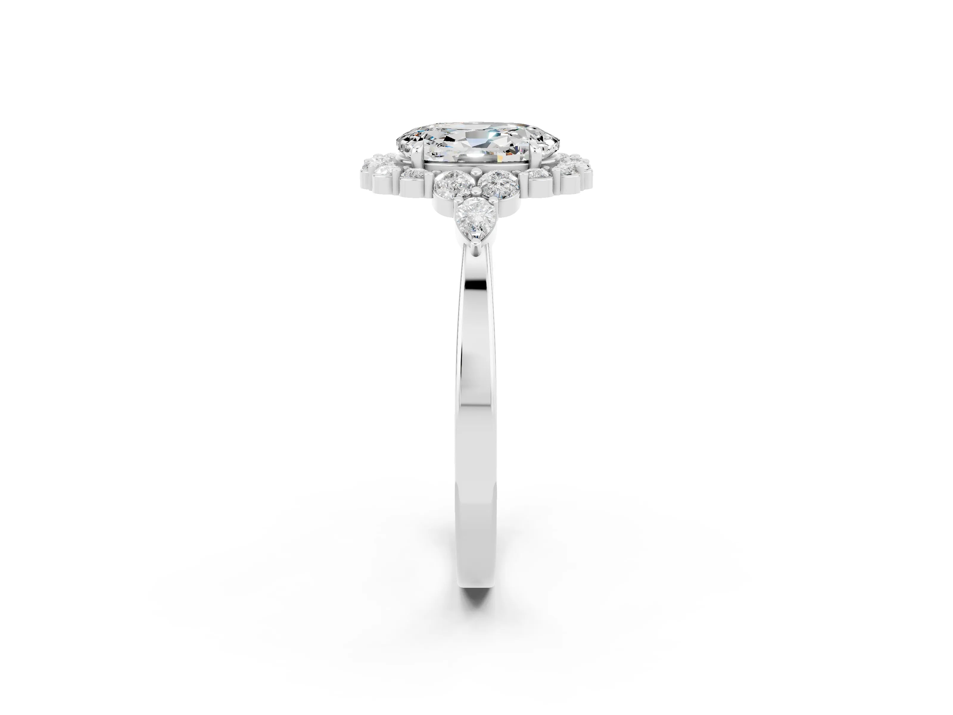 White gold Oval Cut Moissanite Halo Ring with Pear Side Stones and Prong Setting_26