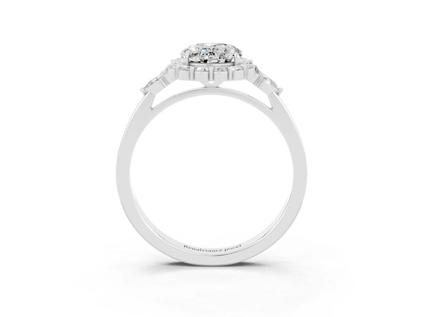 Platinum Oval Cut Moissanite Halo Ring with Pear Side Stones and Prong Setting