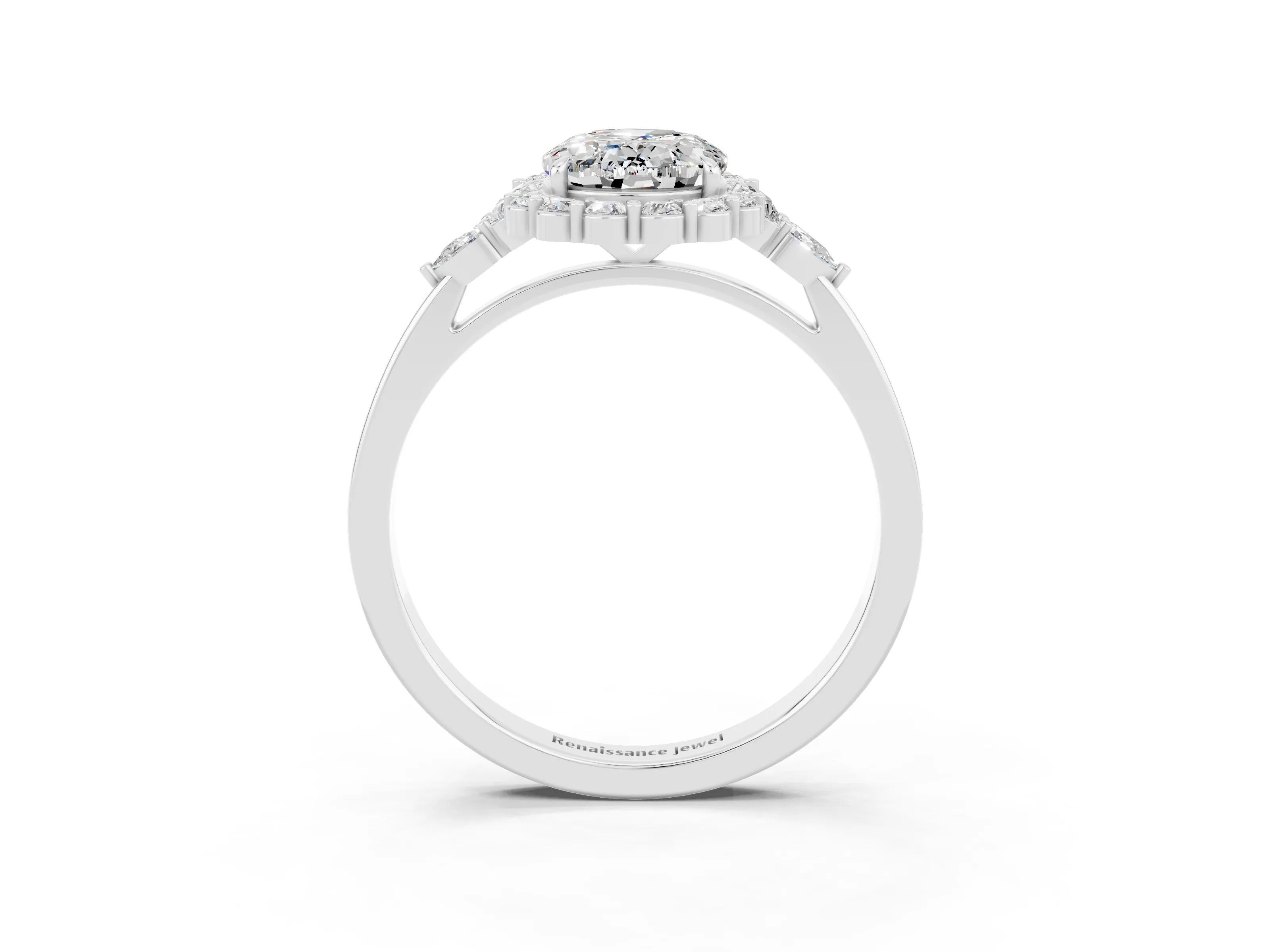 White gold Oval Cut Moissanite Halo Ring with Pear Side Stones and Prong Setting_27