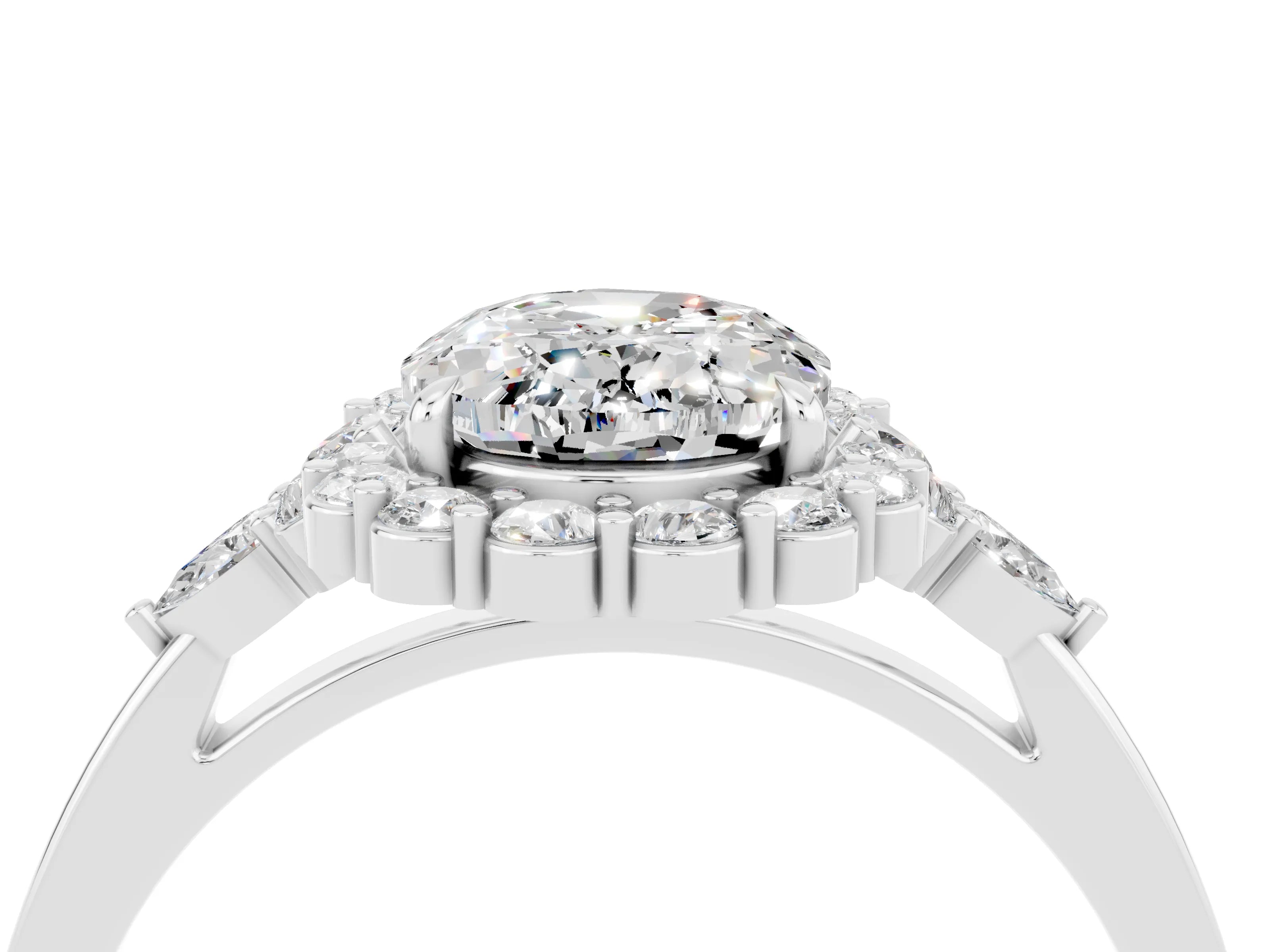 White gold Oval Cut Moissanite Halo Ring with Pear Side Stones and Prong Setting_28
