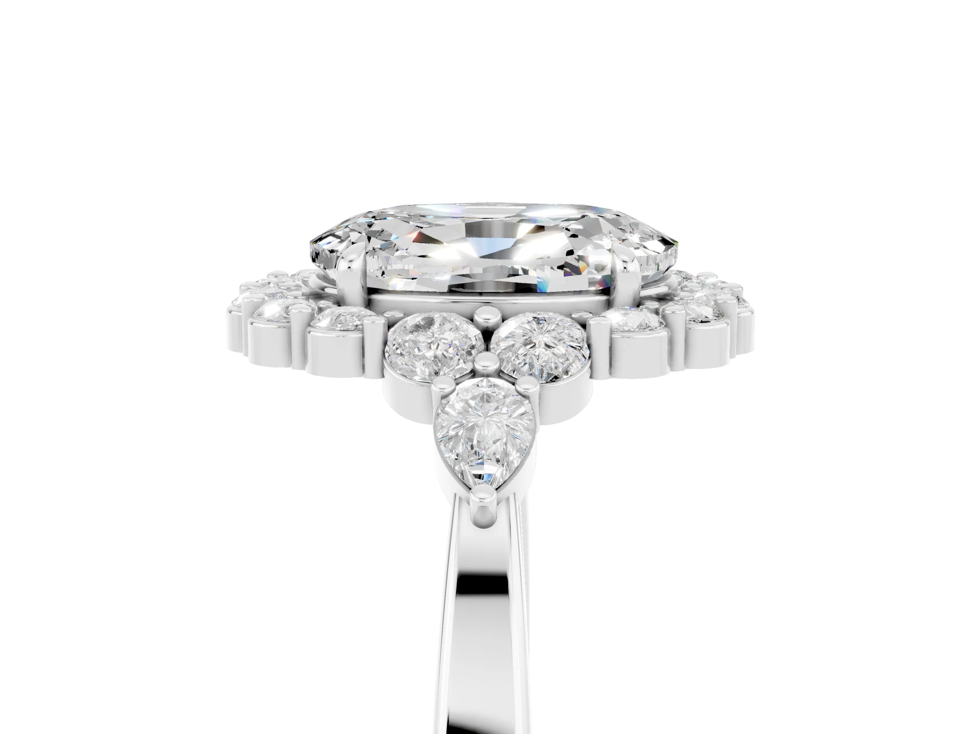White gold Oval Cut Moissanite Halo Ring with Pear Side Stones and Prong Setting_29