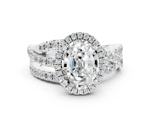 Silver Oval Cut Moissanite Halo Ring with Round Split Shank and Prong Setting