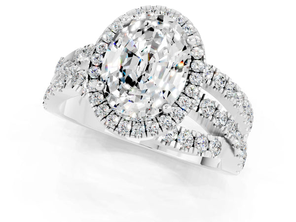 Platinum Oval Cut Moissanite Halo Ring with Round Split Shank and Prong Setting