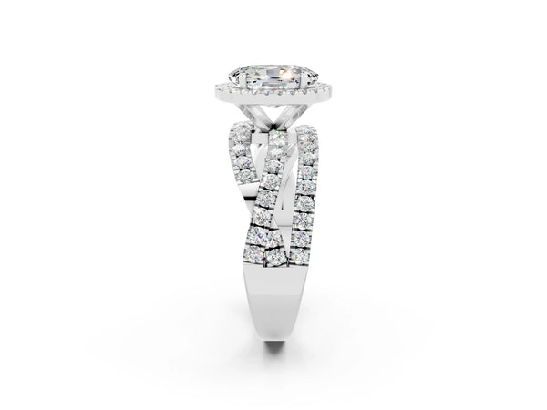 Platinum Oval Cut Moissanite Halo Ring with Round Split Shank and Prong Setting
