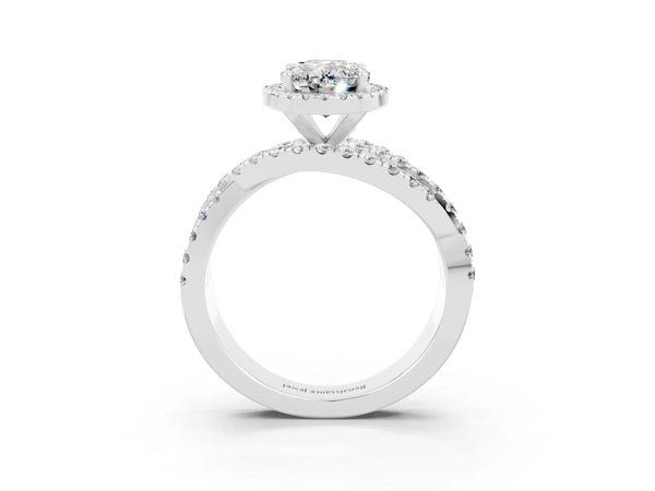 White gold Oval Cut Moissanite Halo Ring with Round Split Shank and Prong Setting