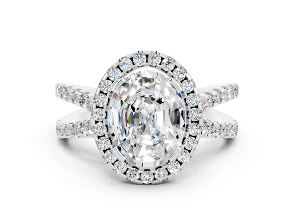 Platinum Oval Cut Moissanite Halo Ring with Split Shank Pavé Band and Prong Setting
