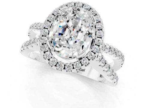 White gold Oval Cut Moissanite Halo Ring with Split Shank Pavé Band and Prong Setting_1