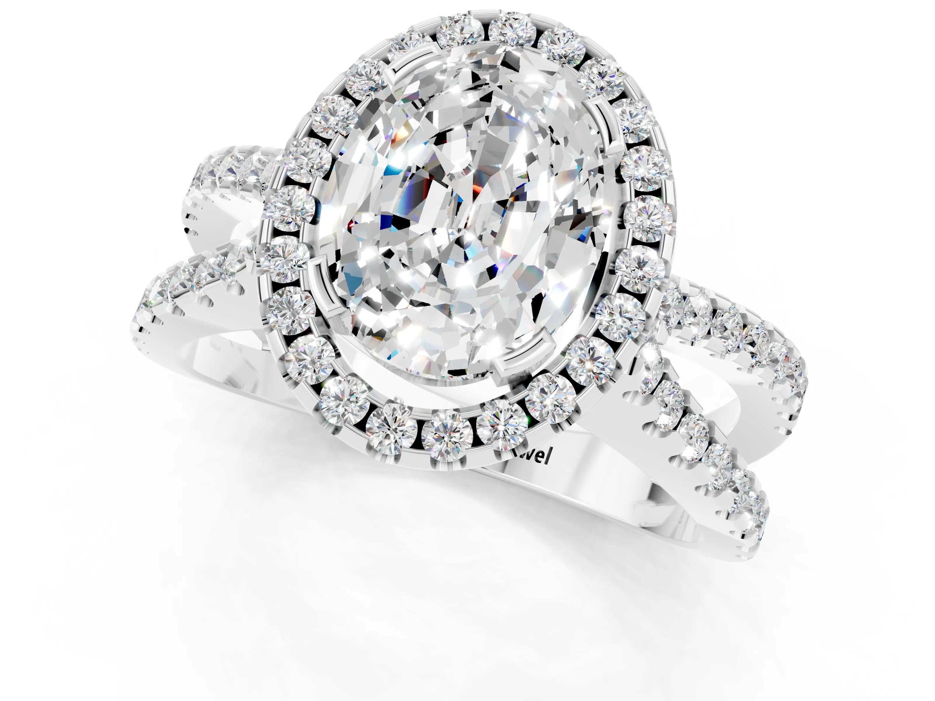 White gold Oval Cut Moissanite Halo Ring with Split Shank Pavé Band and Prong Setting_1