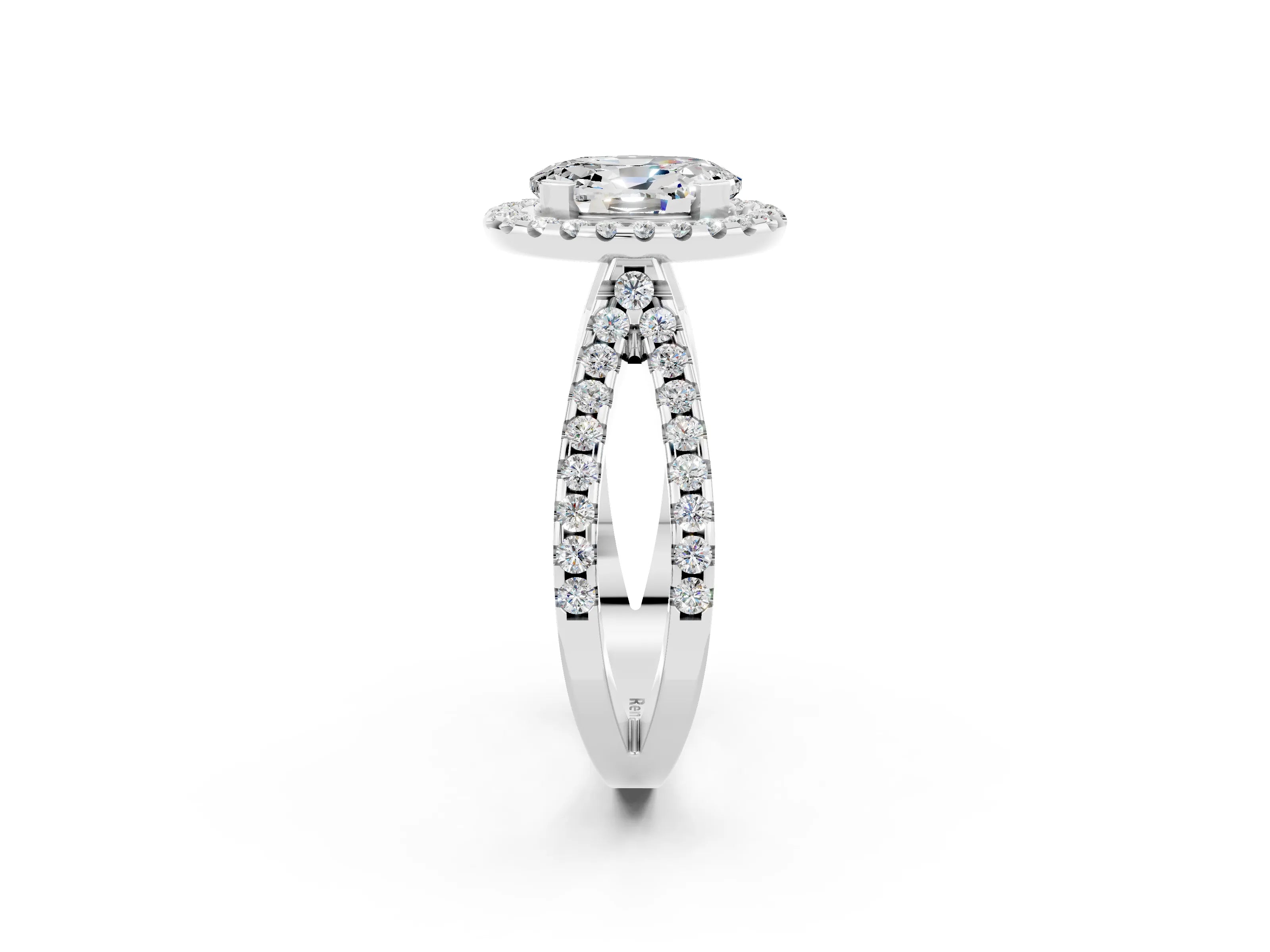 White gold Oval Cut Moissanite Halo Ring with Split Shank Pavé Band and Prong Setting_2