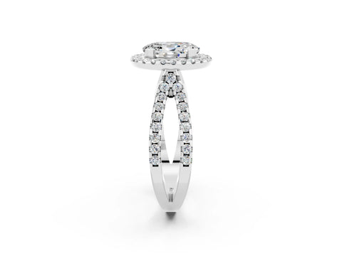 White gold Oval Cut Moissanite Halo Ring with Split Shank Pavé Band and Prong Setting_2
