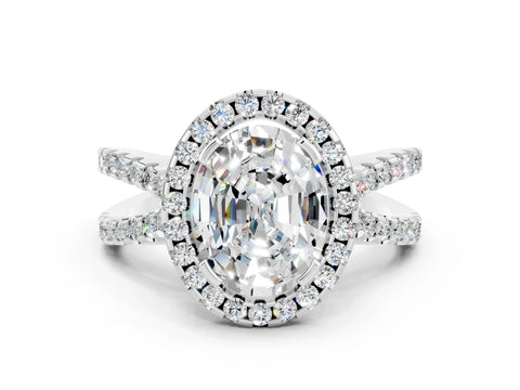 White gold Oval Cut Moissanite Halo Ring with Split Shank Pavé Band and Prong Setting