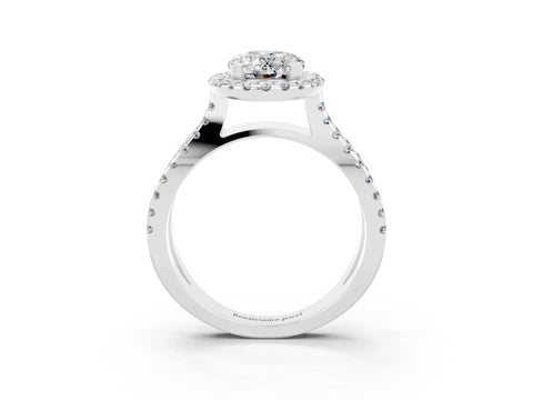 White gold Oval Cut Moissanite Halo Ring with Split Shank Pavé Band and Prong Setting_3