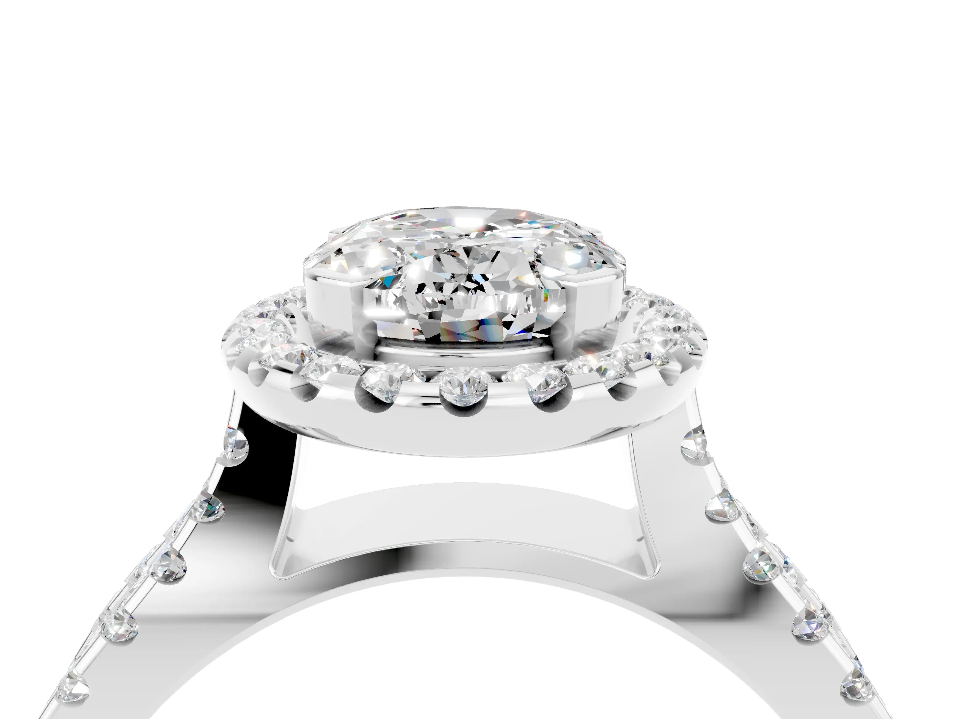 White gold Oval Cut Moissanite Halo Ring with Split Shank Pavé Band and Prong Setting_4