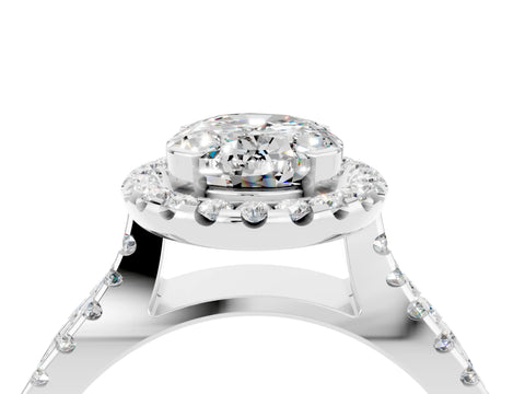 White gold Oval Cut Moissanite Halo Ring with Split Shank Pavé Band and Prong Setting_4