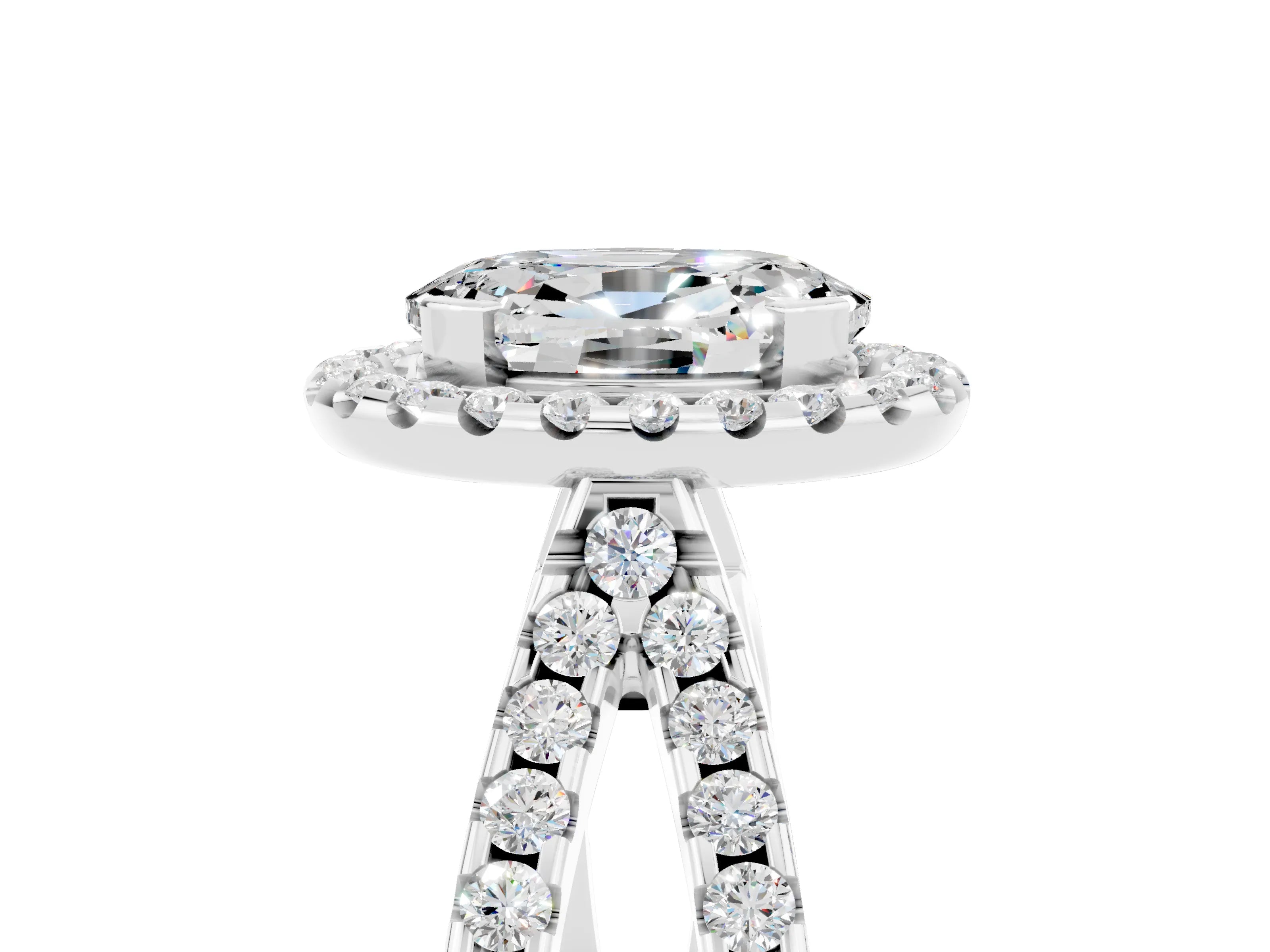 White gold Oval Cut Moissanite Halo Ring with Split Shank Pavé Band and Prong Setting_5